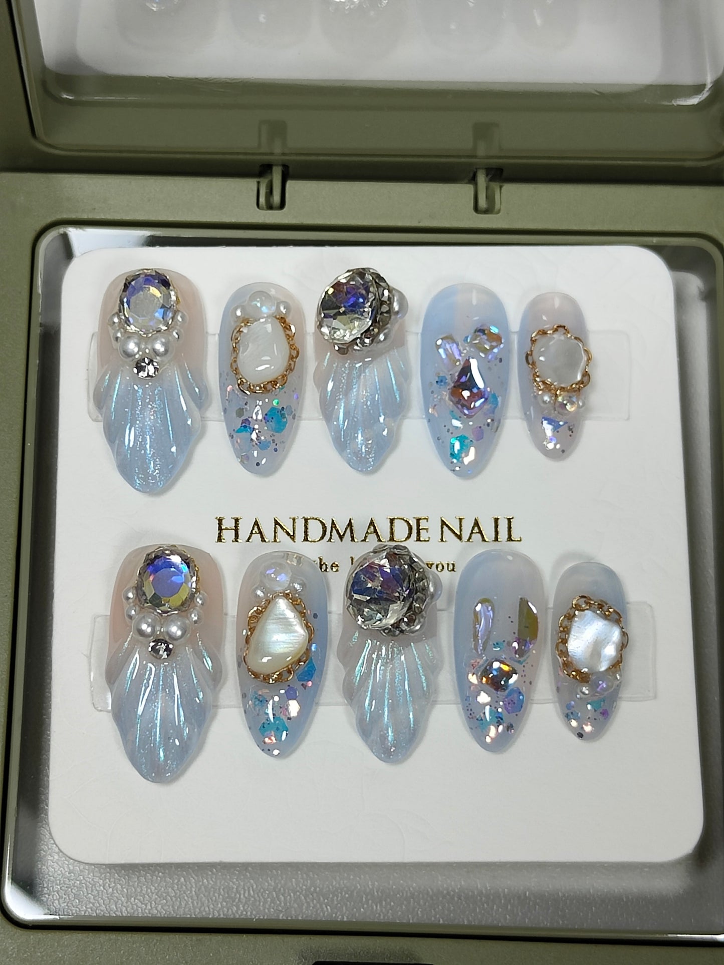 press on nails shell High quality handmade wearable nails,can reusable hot shiny diamond Mermaid Almond style shell