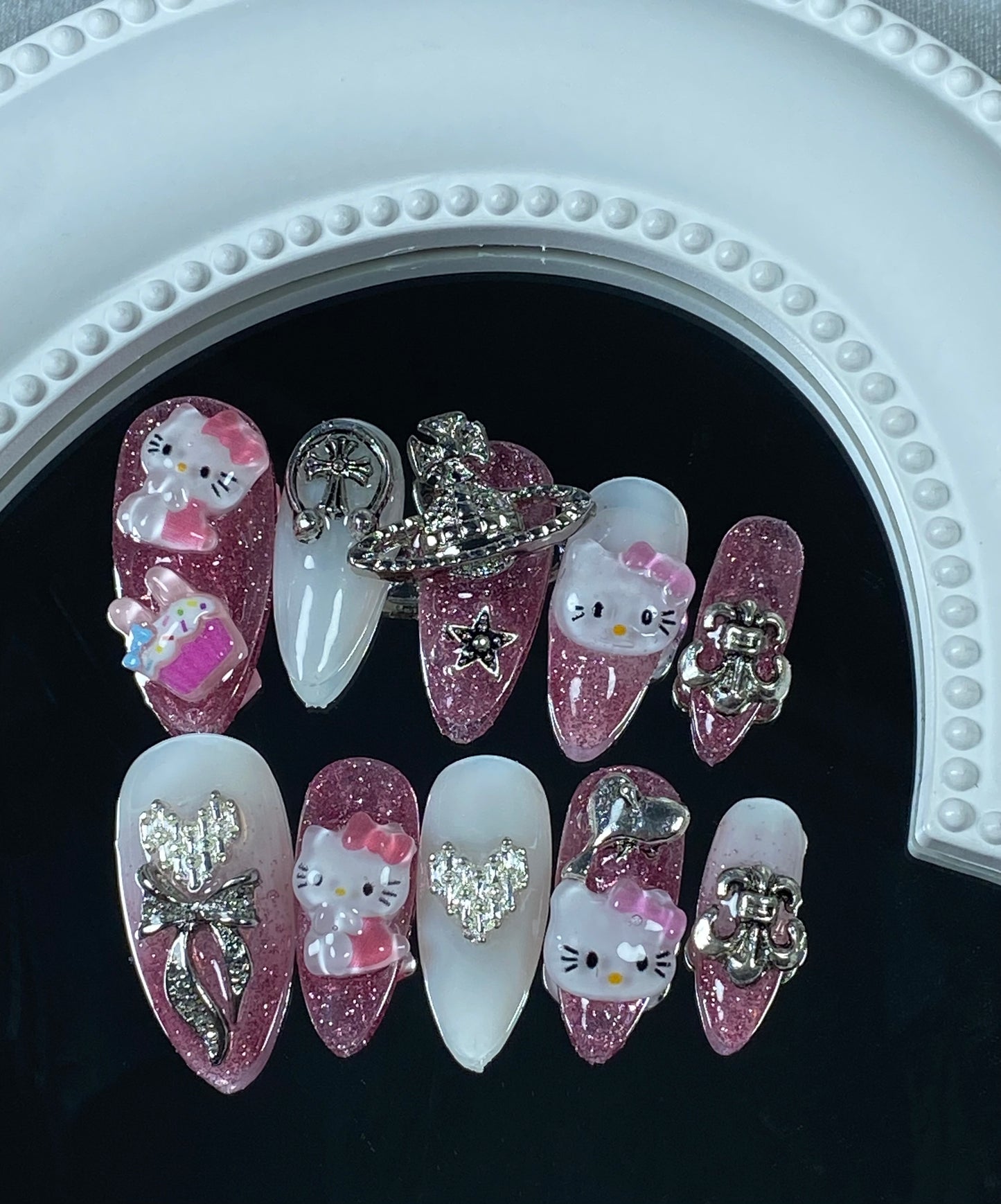 press on nails 3D cartoon hello kitty almond fake nails