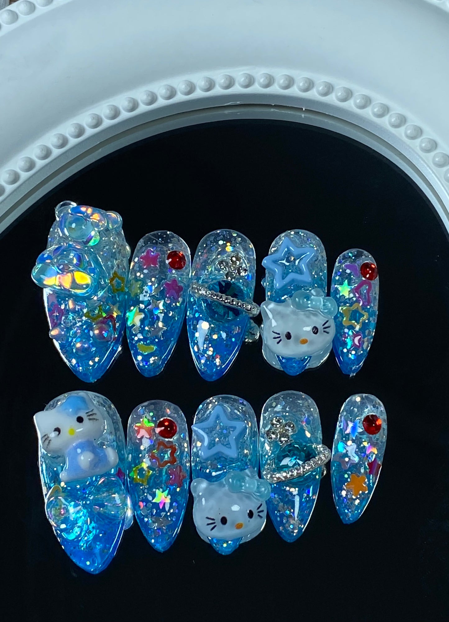 Almond press on nails 3D cartoon hello kitty shining fake nails