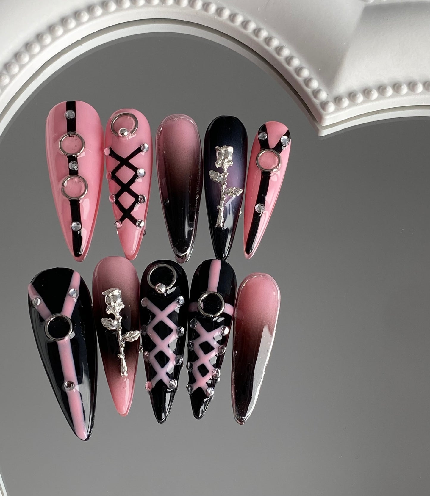 Stiletto hand made press on nails hand painted pink fake nail