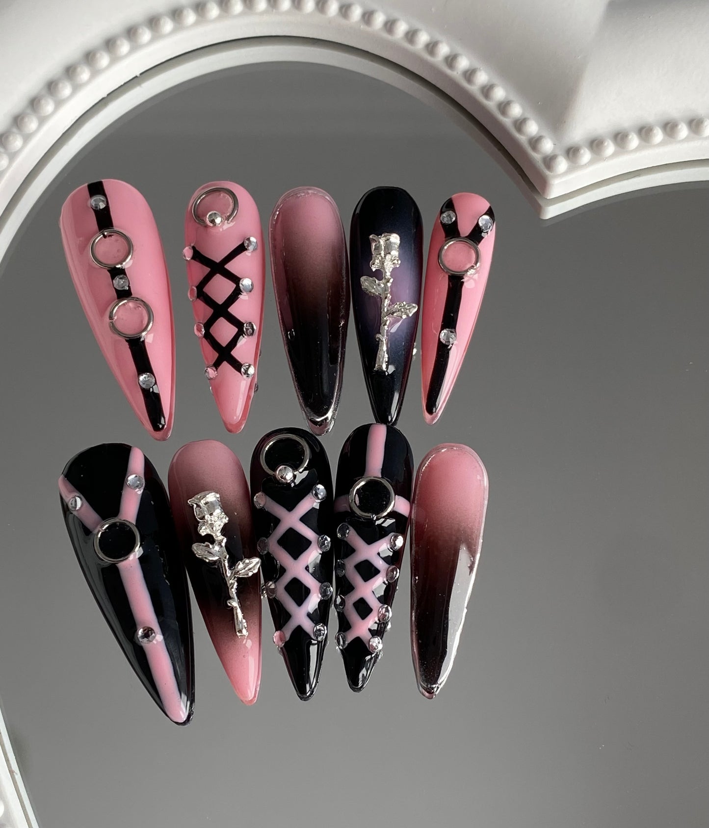 Stiletto hand made press on nails hand painted pink fake nail