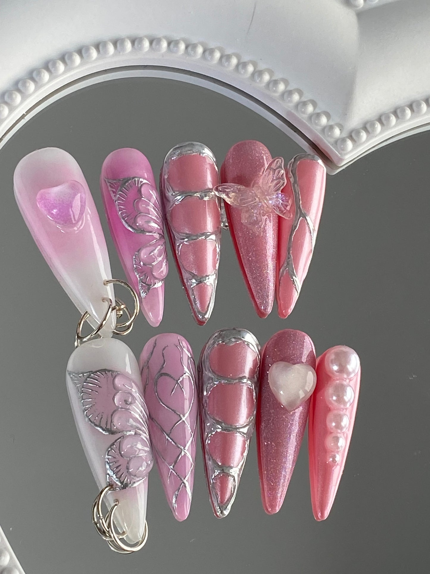 A stiletto pink press on nails hot girl sexy 3D butterfly