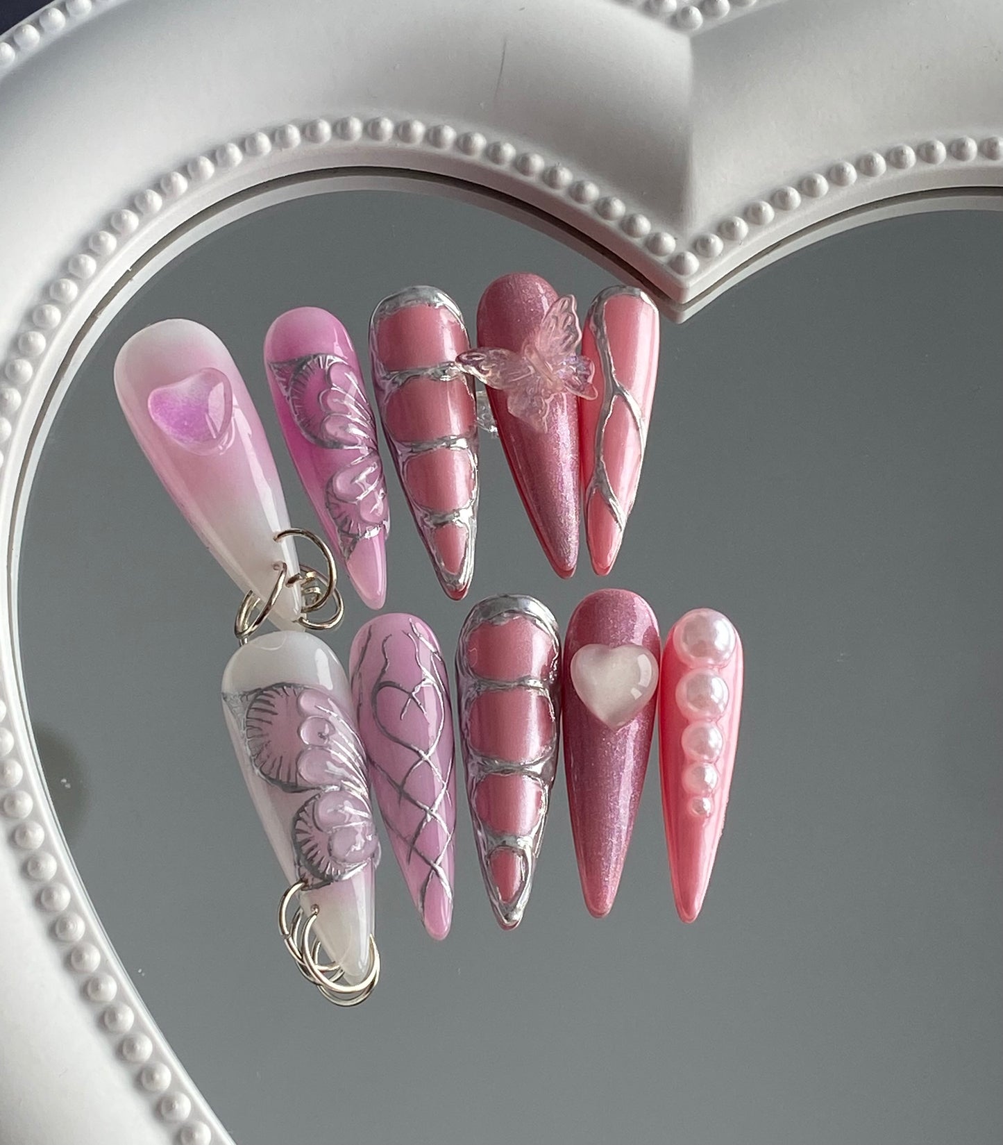 A stiletto pink press on nails hot girl sexy 3D butterfly