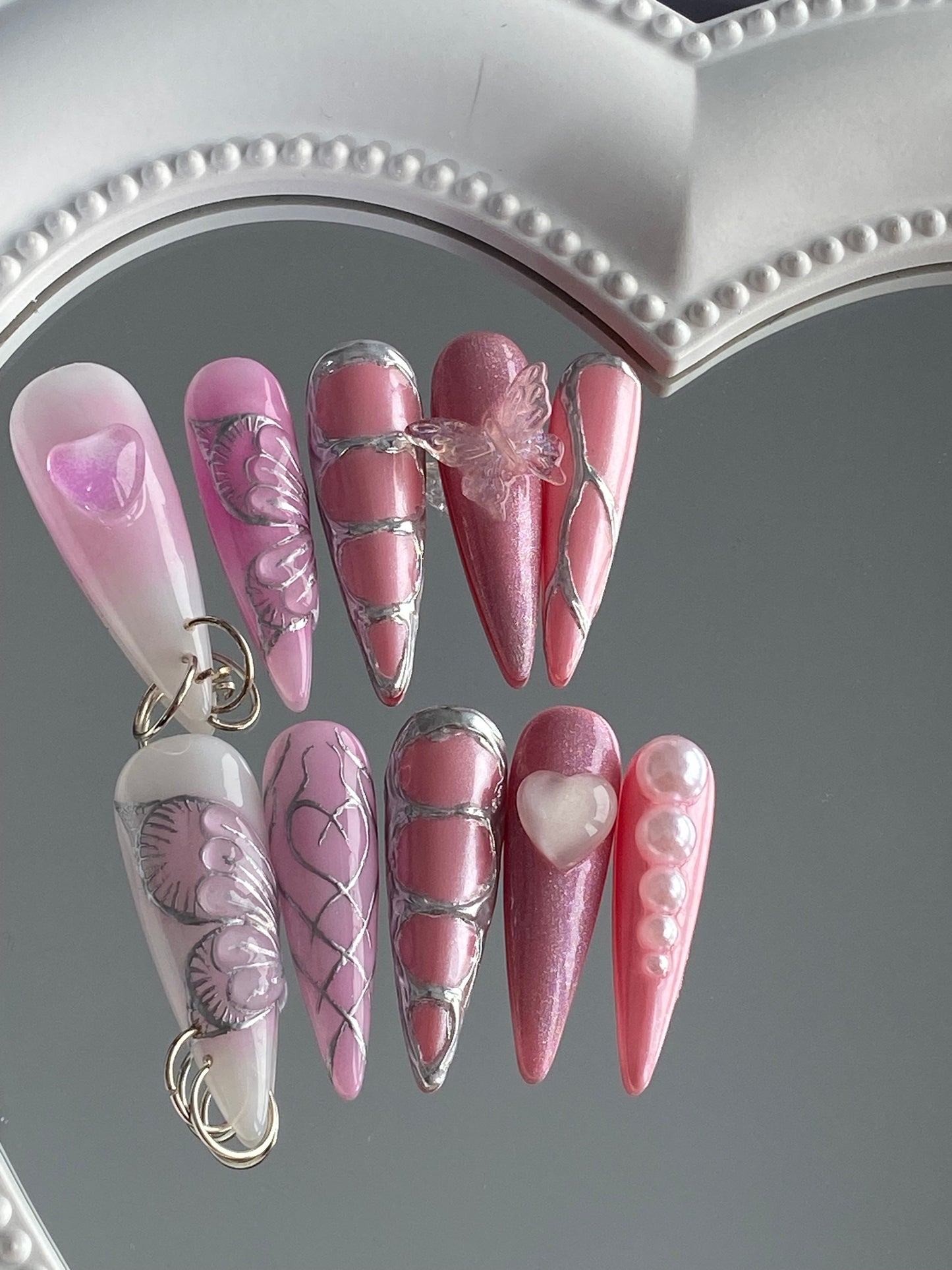 A stiletto pink press on nails hot girl sexy 3D butterfly