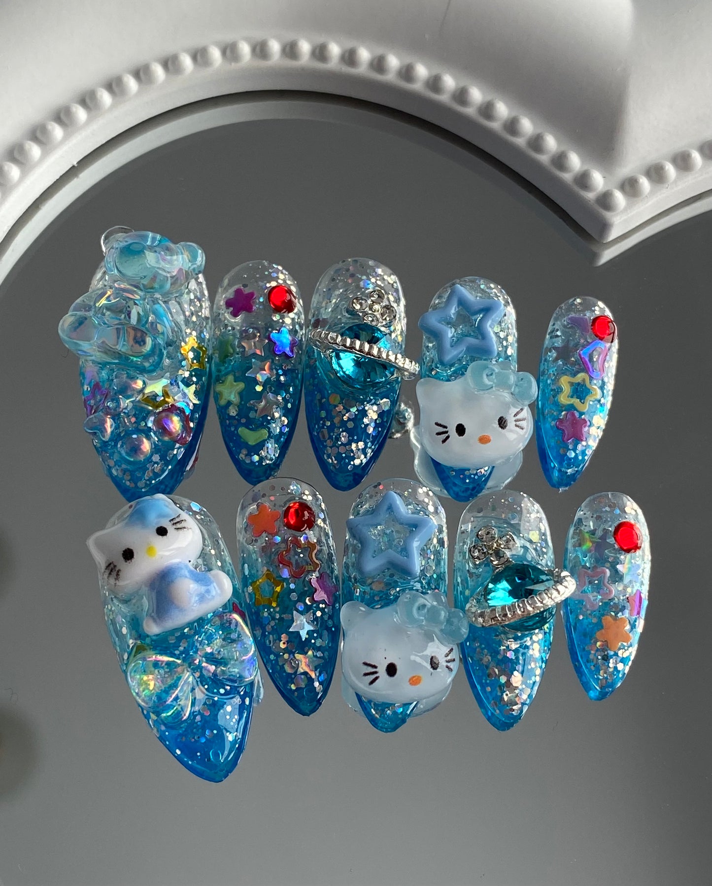 Almond press on nails 3D cartoon hello kitty shining fake nails
