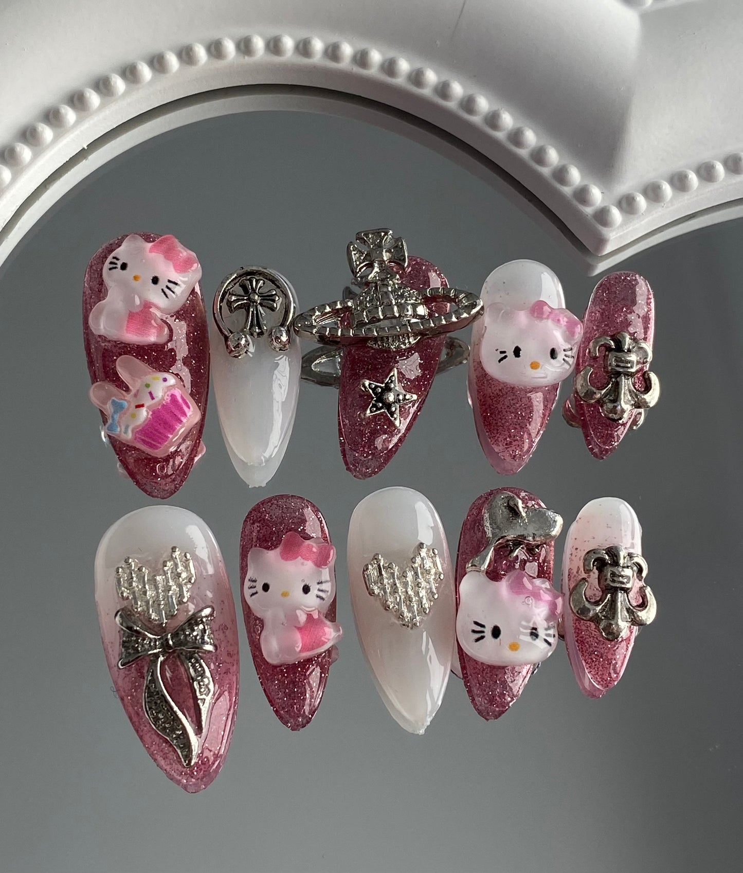 press on nails 3D cartoon hello kitty almond fake nails