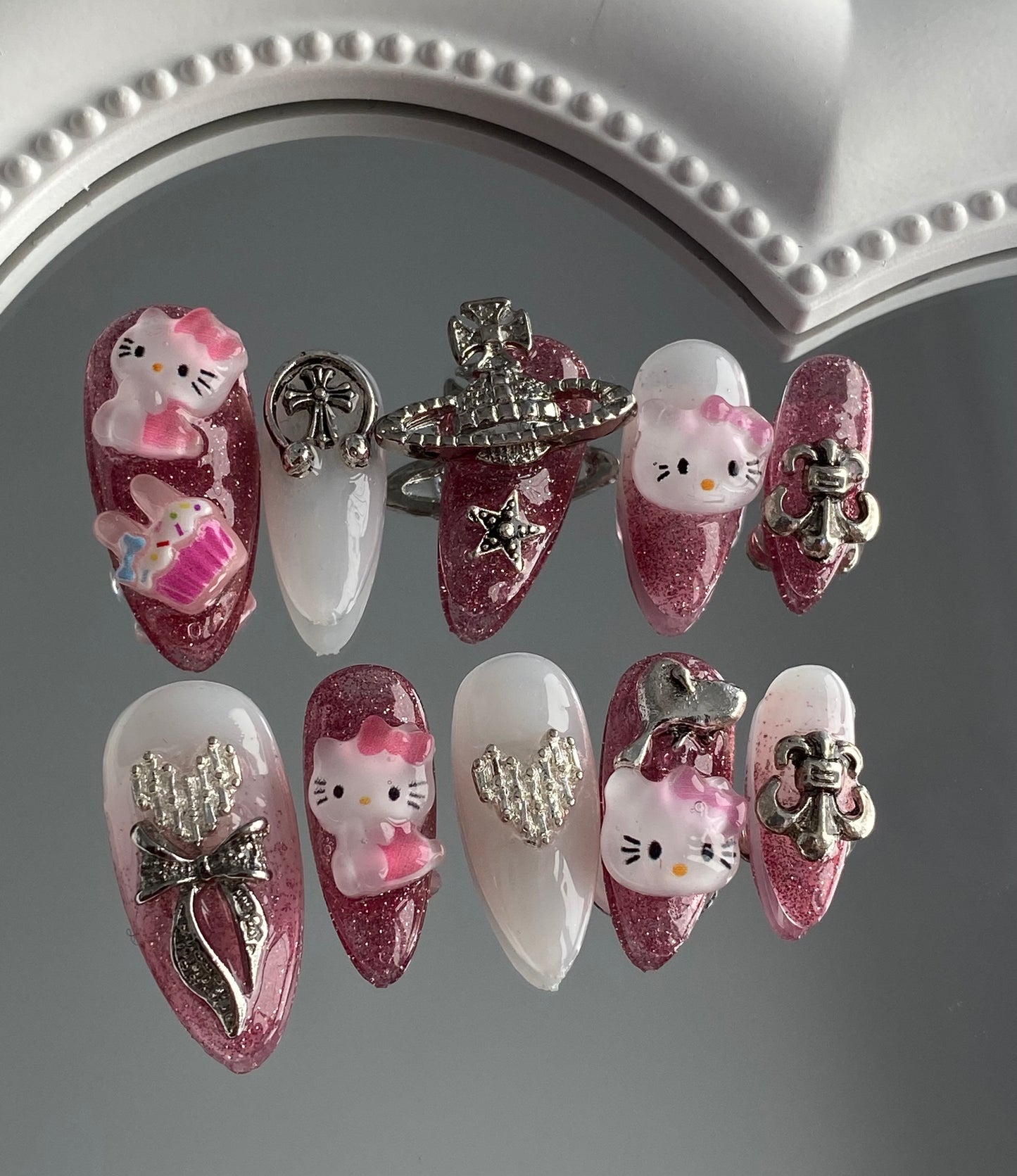 press on nails 3D cartoon hello kitty almond fake nails