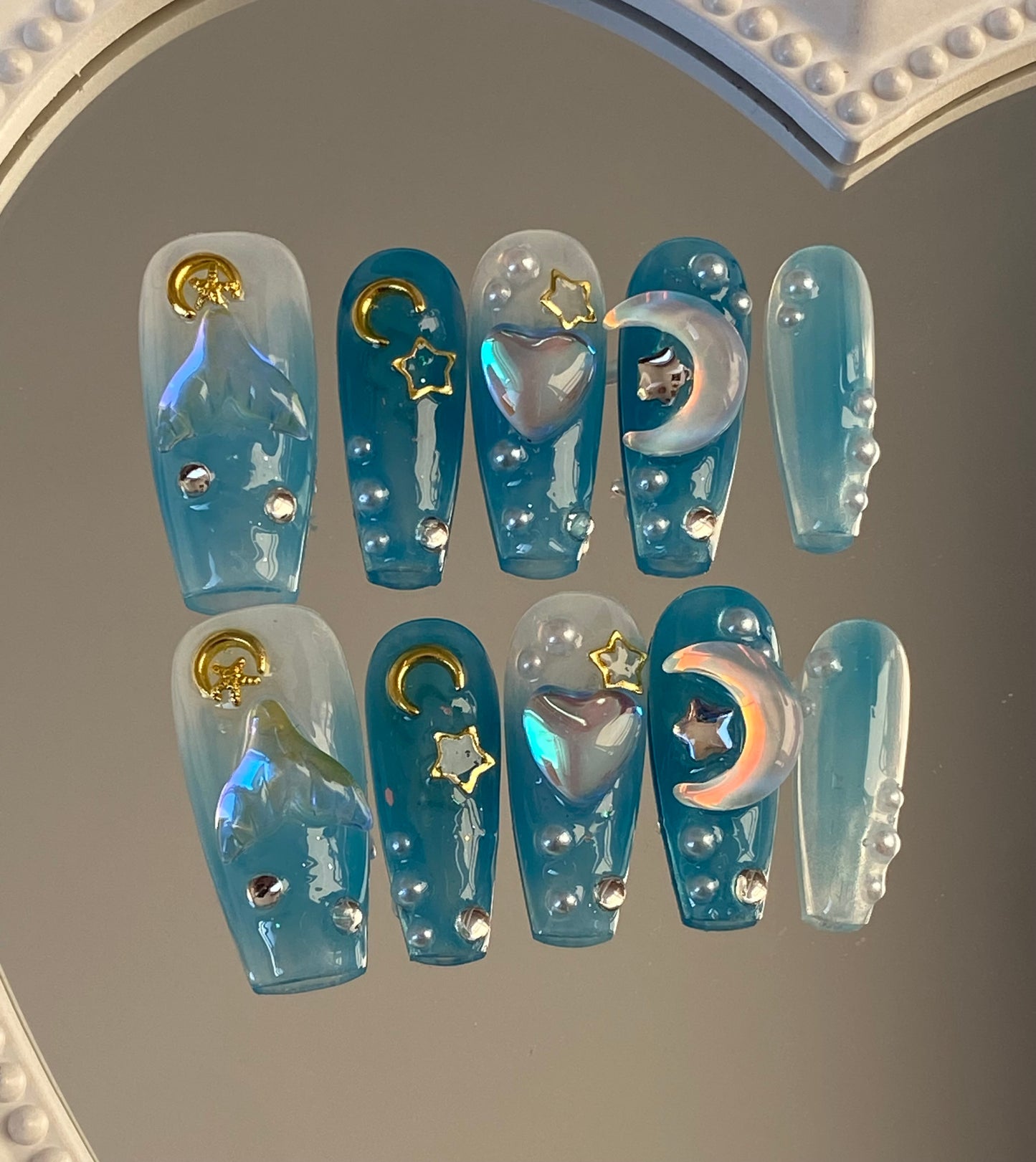 Coffin press on nails High quality handmade 3D shining mermaid stars moon