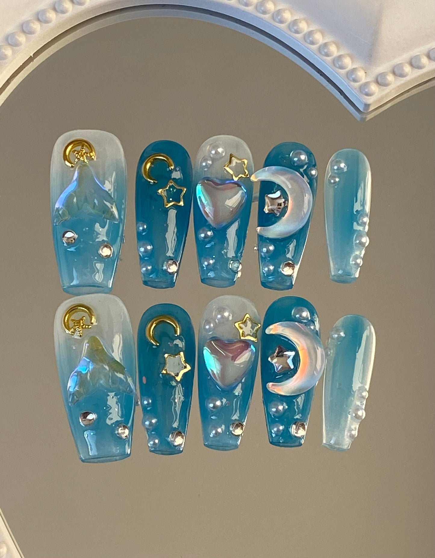 Coffin press on nails High quality handmade 3D shining mermaid stars moon