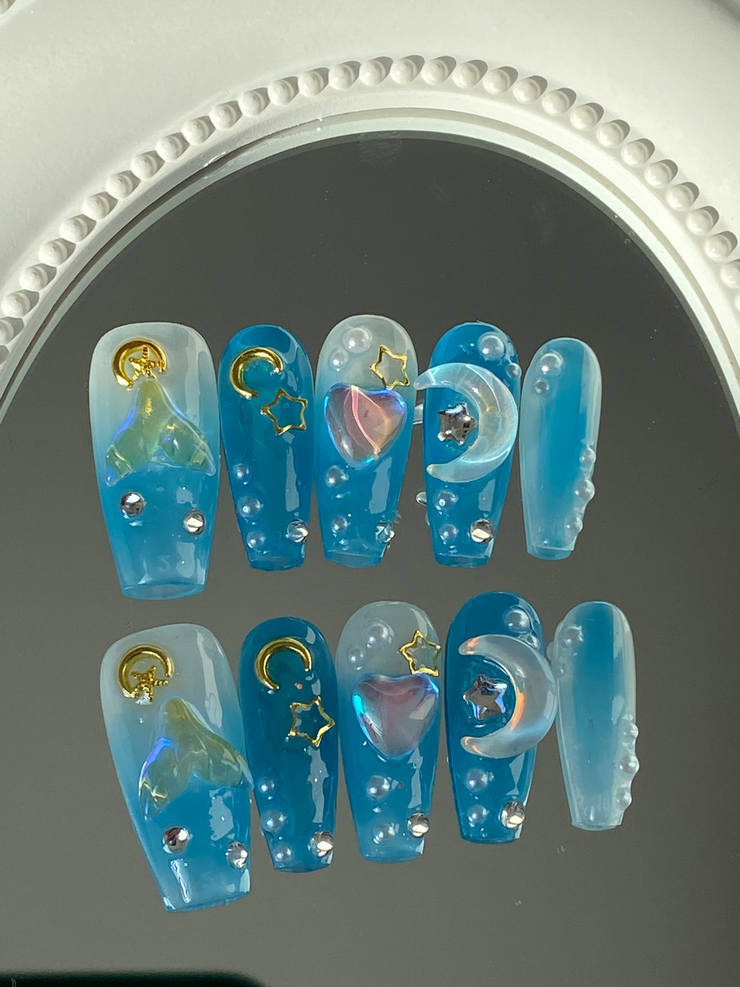 Coffin press on nails High quality handmade 3D shining mermaid stars moon
