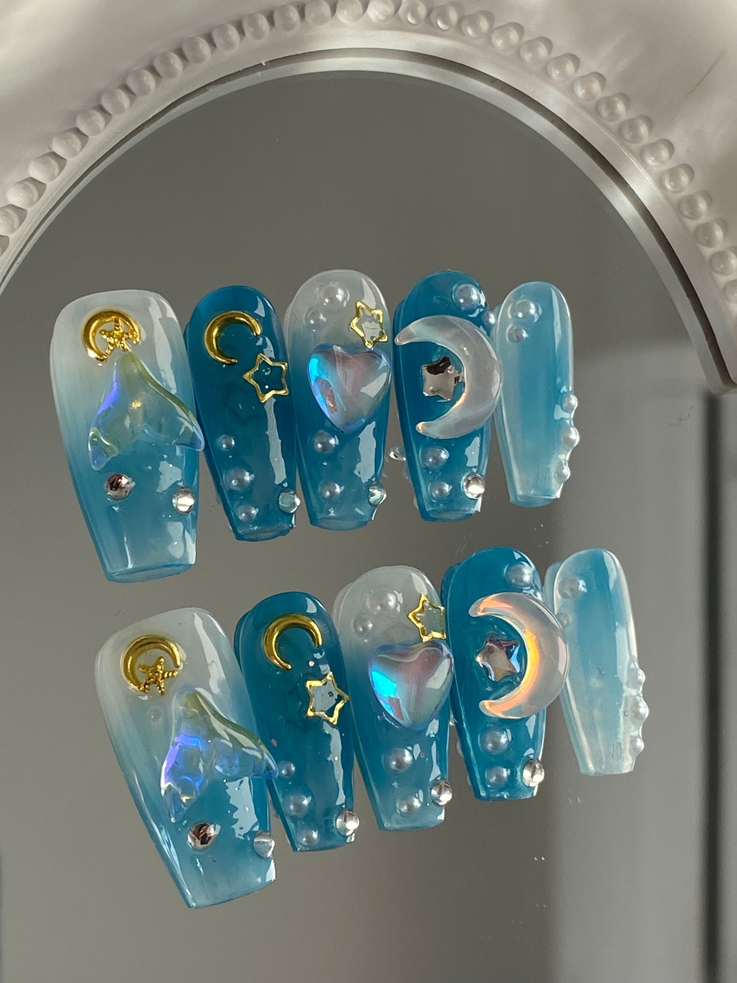 Coffin press on nails High quality handmade 3D shining mermaid stars moon