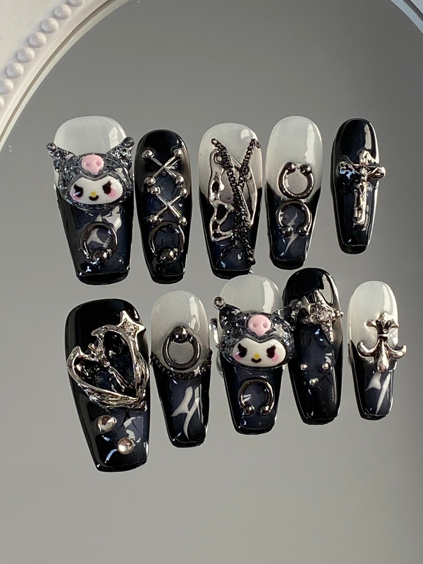 Coffin cartoon blackness press on nails handmade kuromi fake nail