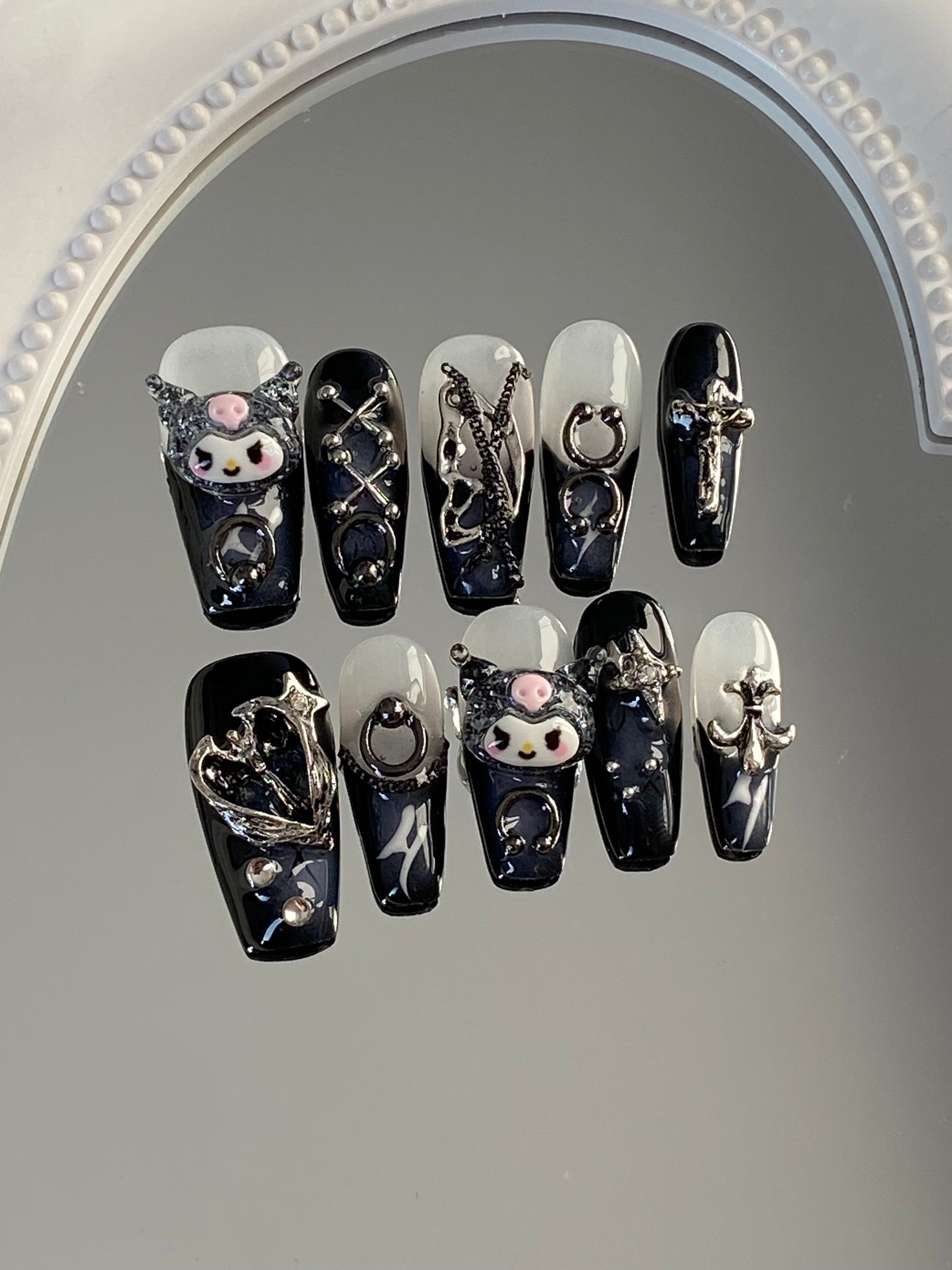Coffin cartoon blackness press on nails handmade kuromi fake nail