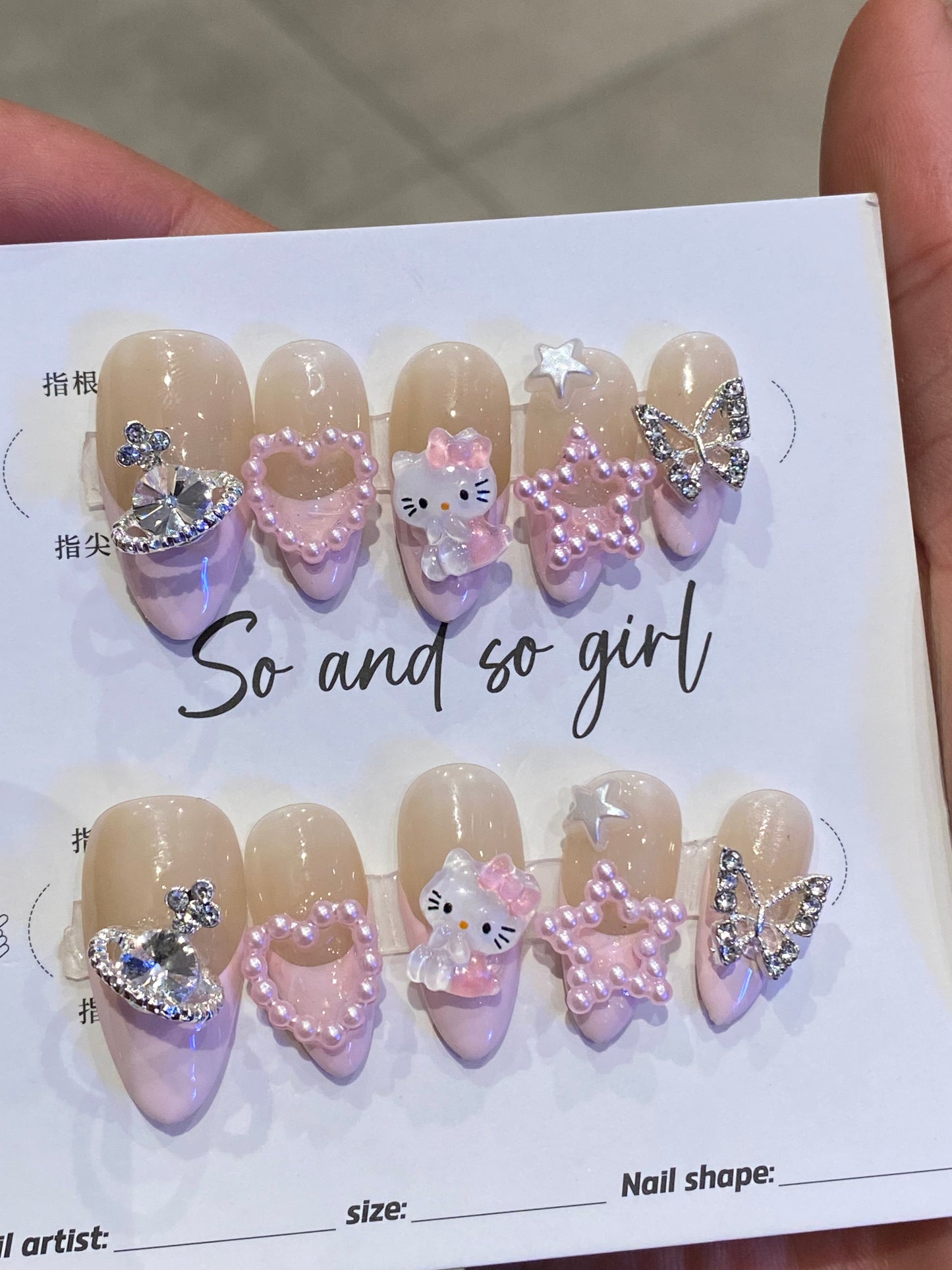 3D Almond press on nails French glitter hello kitty fake nail