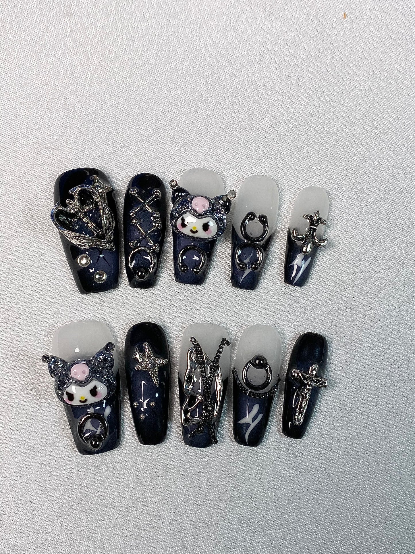 Coffin cartoon blackness press on nails handmade kuromi fake nail