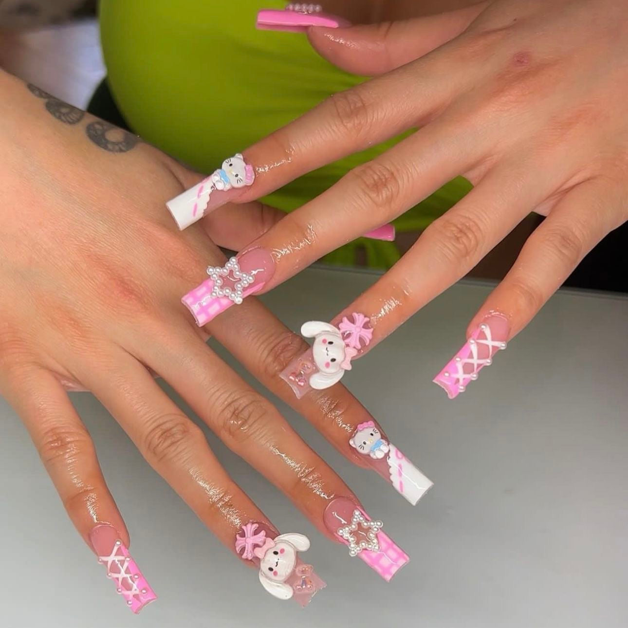 coffin press on nails 3D cute cartoon hello kitty fake nails