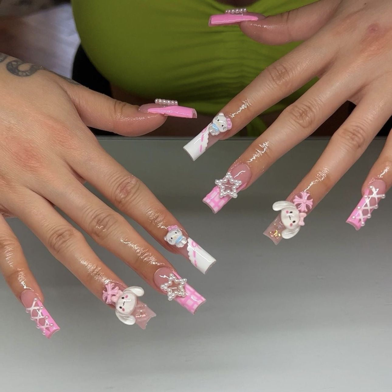 coffin press on nails 3D cute cartoon hello kitty fake nails