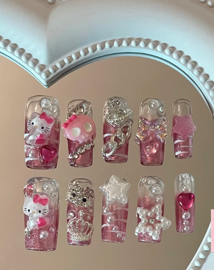 hand made press on nails  fake nails hello kitty cute cartoon type