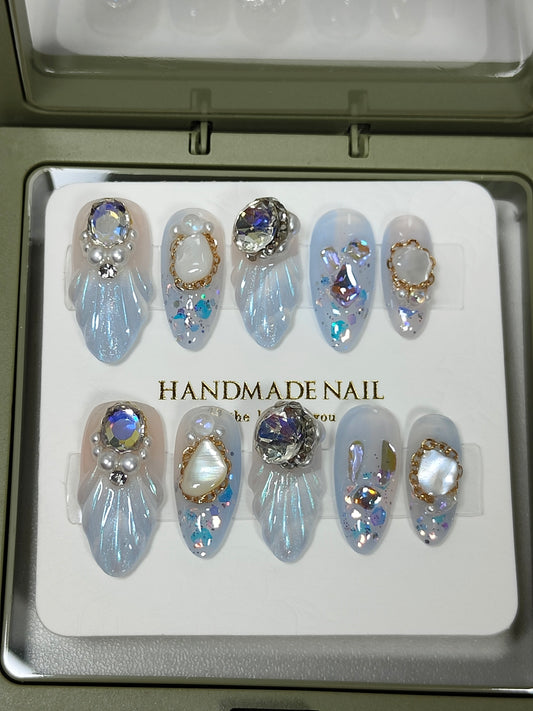 press on nails shell High quality handmade wearable nails,can  reusable hot shiny diamond Mermaid Almond style shell