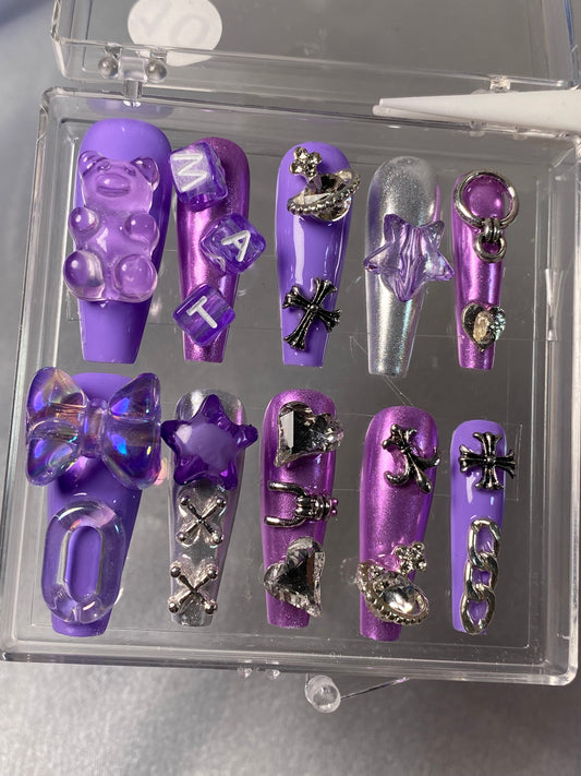 hand made press on nails  purple bear  false nail