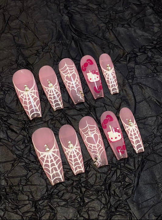 hand made press on nails  hello kitty  cat pink false nail