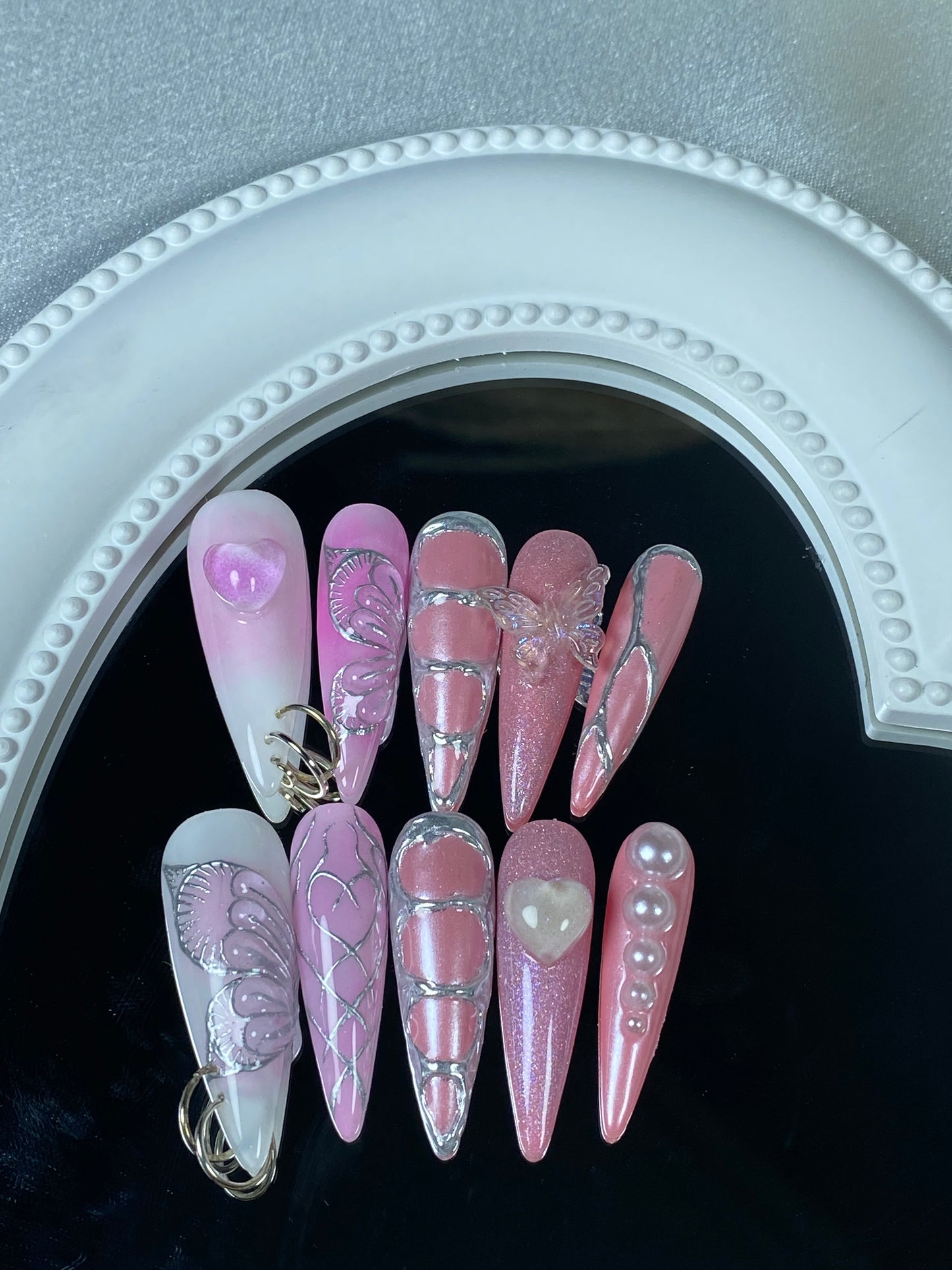 A  stiletto  pink press on nails  hot girl sexy 3D butterfly