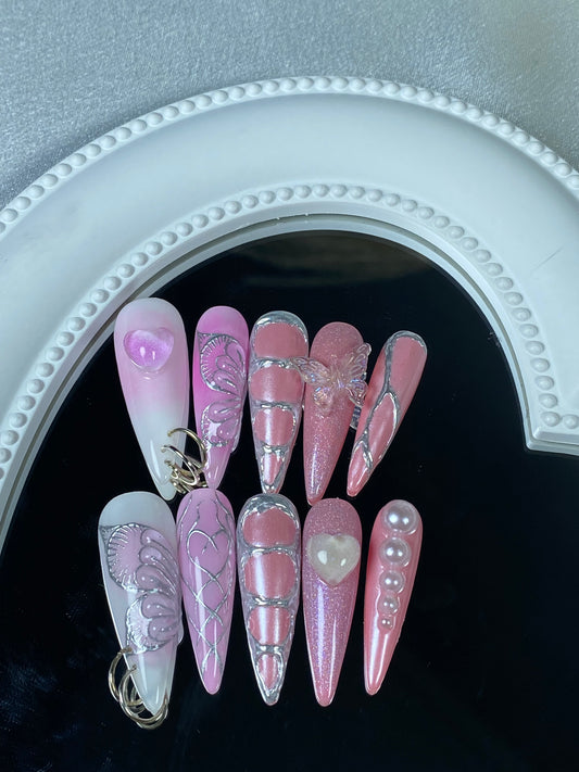 A  stiletto  pink press on nails  hot girl sexy 3D butterfly