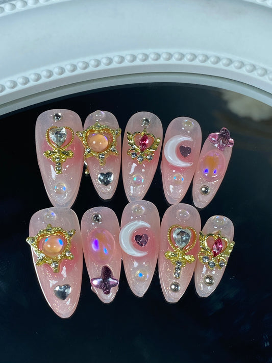 E hand made press on nails almond shape sailor moon fake nails