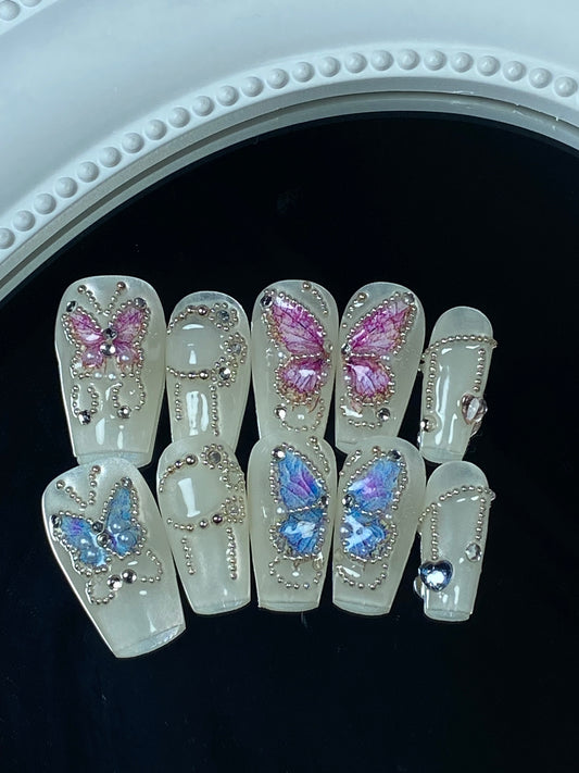 hand made press on nails   Butterfly  coffin shape fake  nail