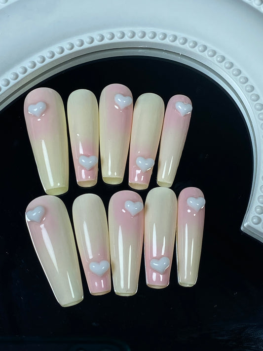 Coffin  ombre hand made press on nails 3D  Heart Shiny false nail
