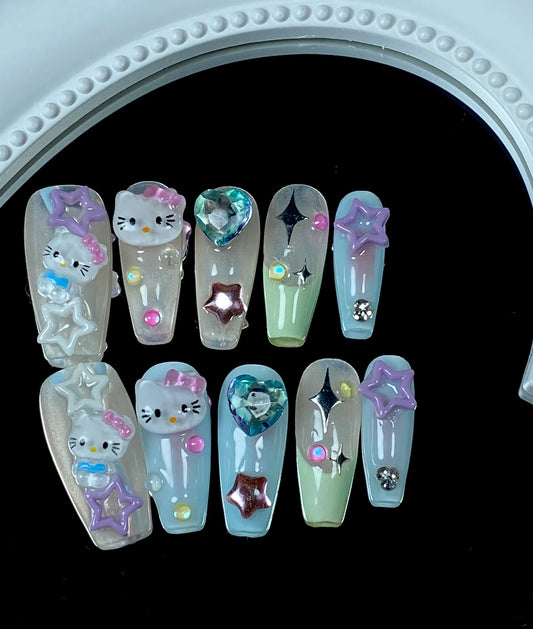 Coffin hand made press on nails  cartoon cute hello kitty cat false nail