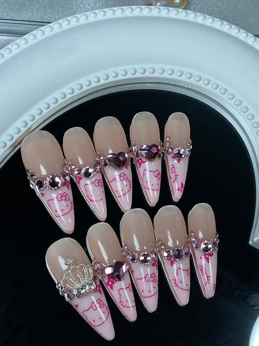 C  press on nails   High quality handmade can hot shiny hello kitty stiletto shape  fake nail