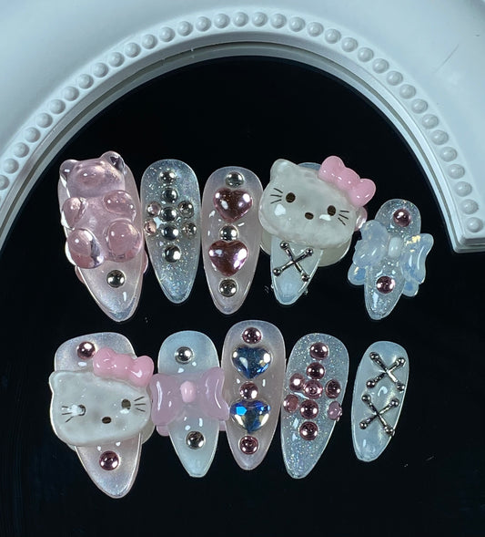 hand made press on nails cute   Cartoon almond hello kitty  fake nails