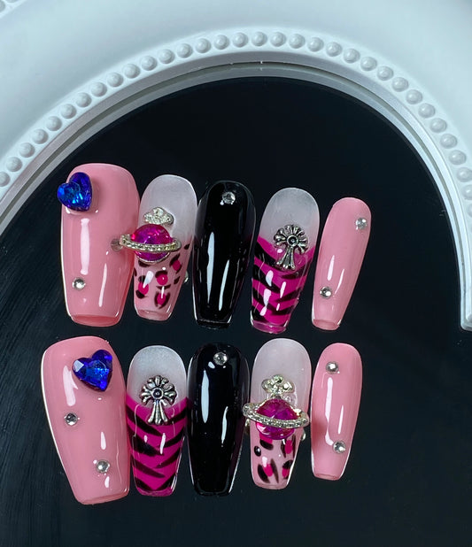 hand made press on nails   Pink coffin fake nail