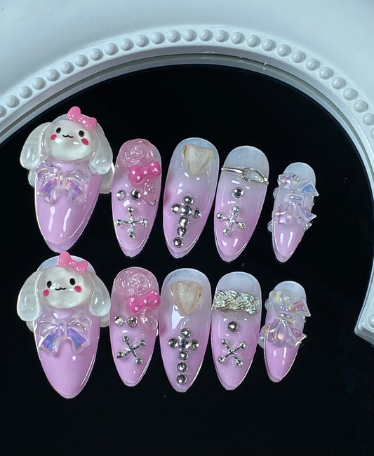 C hand made press on nails cute   Cartoon almond fake nails