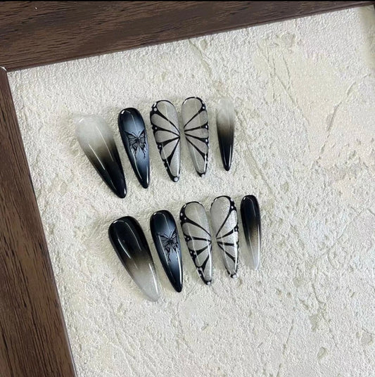 Stiletto hand made press on nails   Painted Butterfly  Shiny false nail