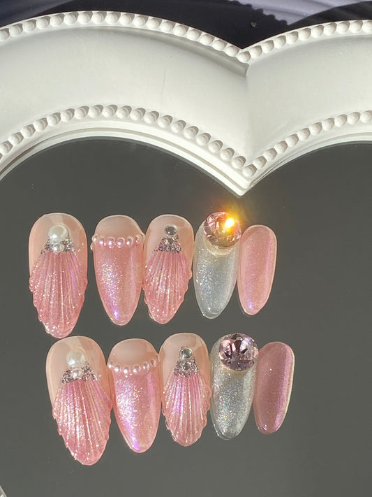 Almond shell press on nails handmade fake nail  shiny diamond
