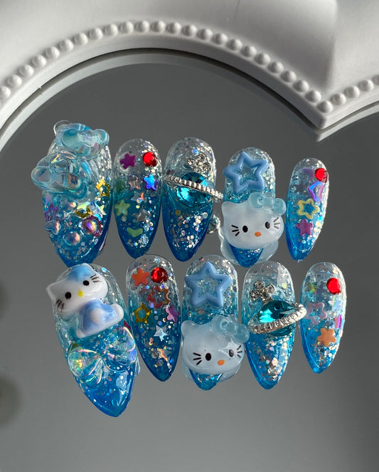 Almond press on nails  3D  cartoon hello kitty shining fake nails