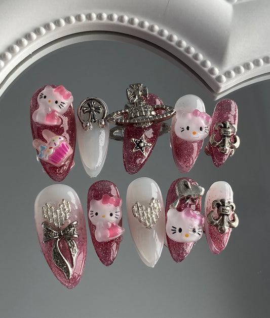 press on nails  3D  cartoon hello kitty almond fake nails