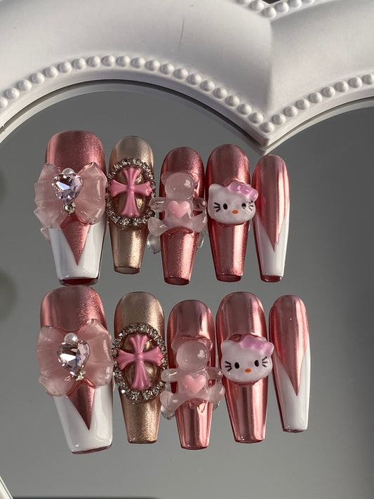 Coffin hand made  pink press on nails hello kitty cartoon fake nail