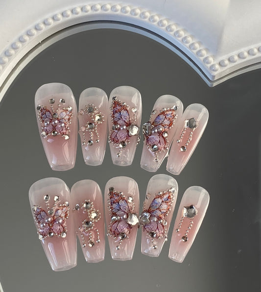 hand made press on nails  coffin sweet cool Butterfly   Glossy fake nail