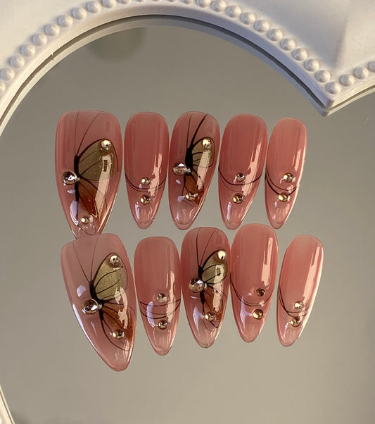 Almond hand made press on nails  sweet cool hand painted Butterfly   Glossy fake nail