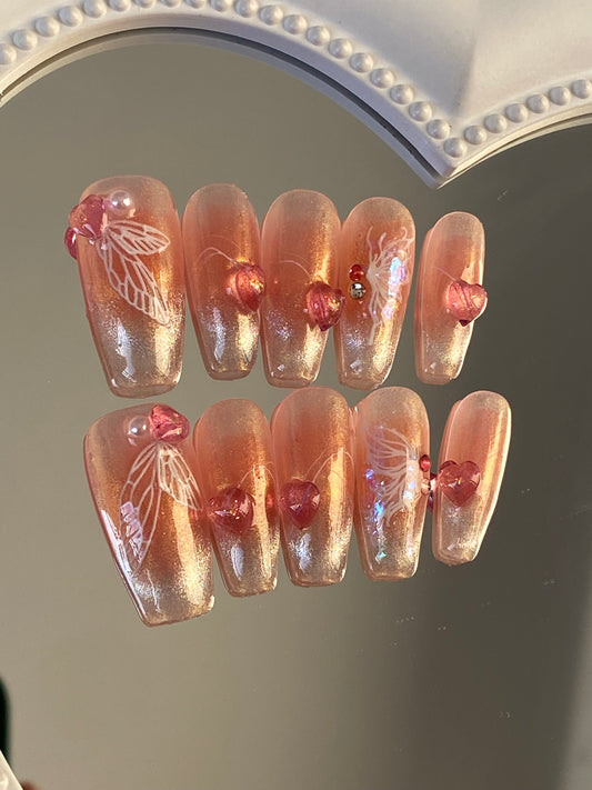 hand made press on nails  coffin sweet cool Butterfly   Glossy fake nail