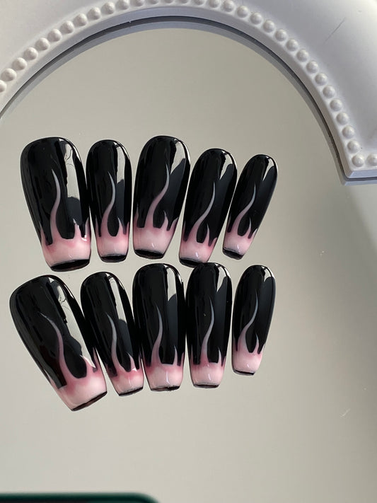 Flame coffin press on nails   High quality handmade sweet cool girls fake nail