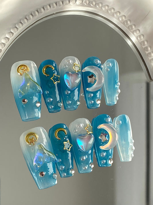 Coffin press on nails High quality handmade 3D shining mermaid stars moon
