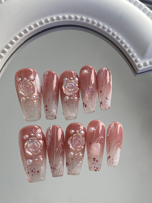 press on nails   High quality handmade 3D flowers coffin fake nail