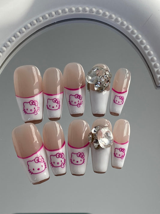 hand made press on nails  hello kitty coffin shape fake nail