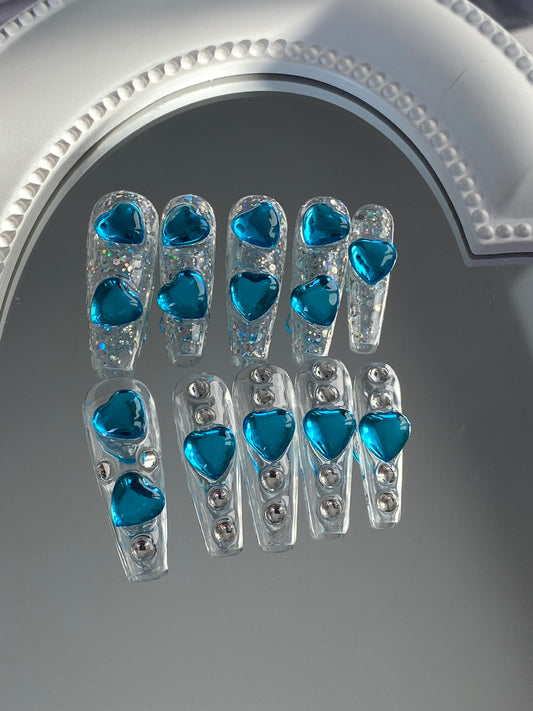 Coffin press on nails High quality handmade heart  shining super shining diamond