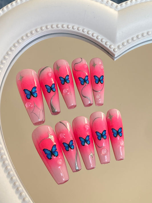 Coffin pink press on nails sweet cool hot  girls Butterfly   Glossy fake nail