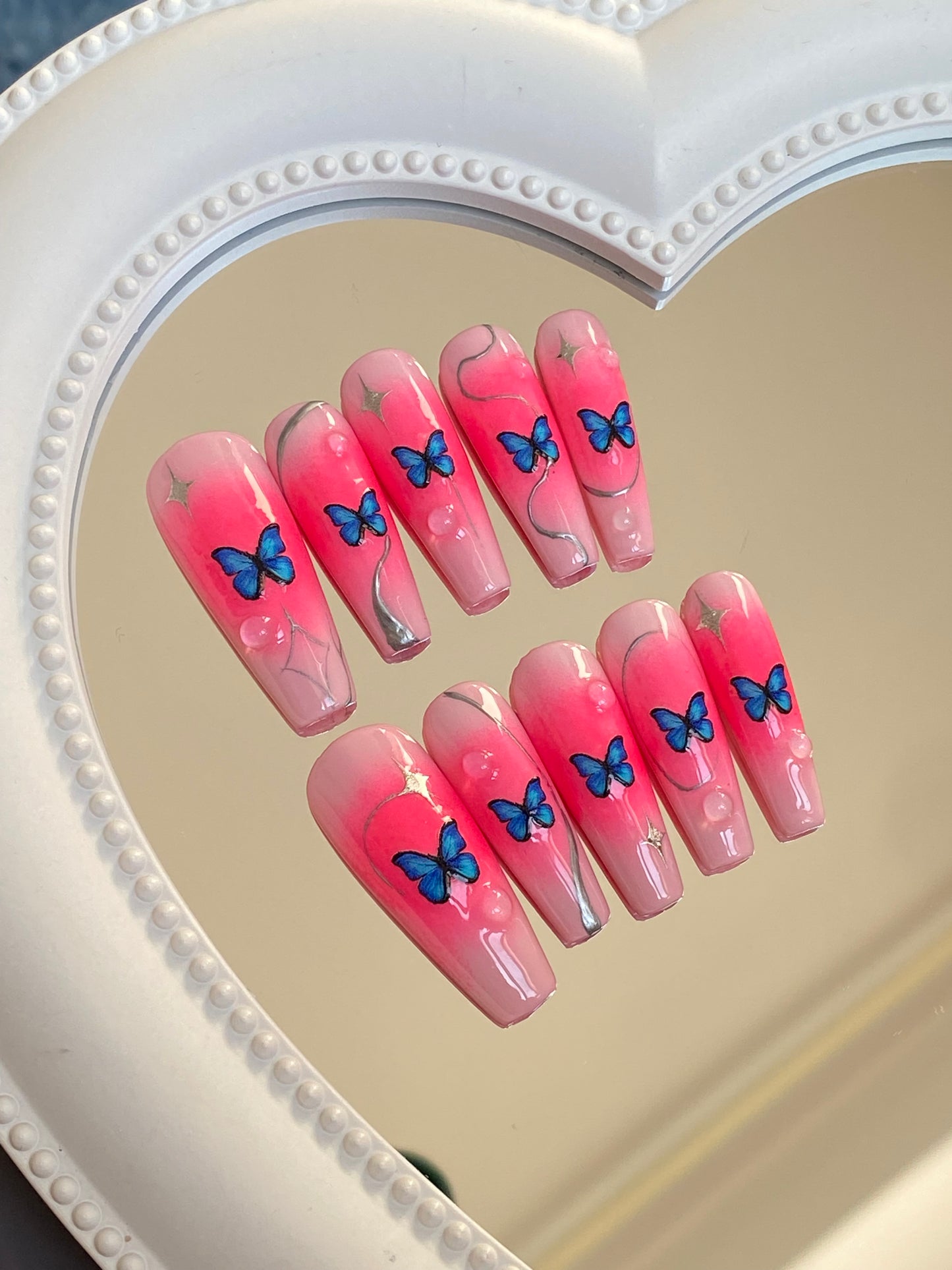 Coffin pink press on nails sweet cool hot  girls Butterfly   Glossy fake nail